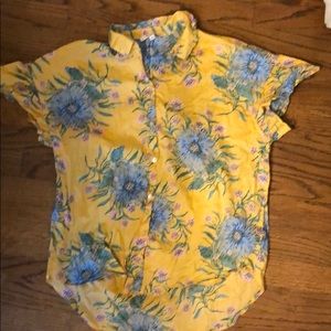 Madewell mustard yellow top with blue flowers m